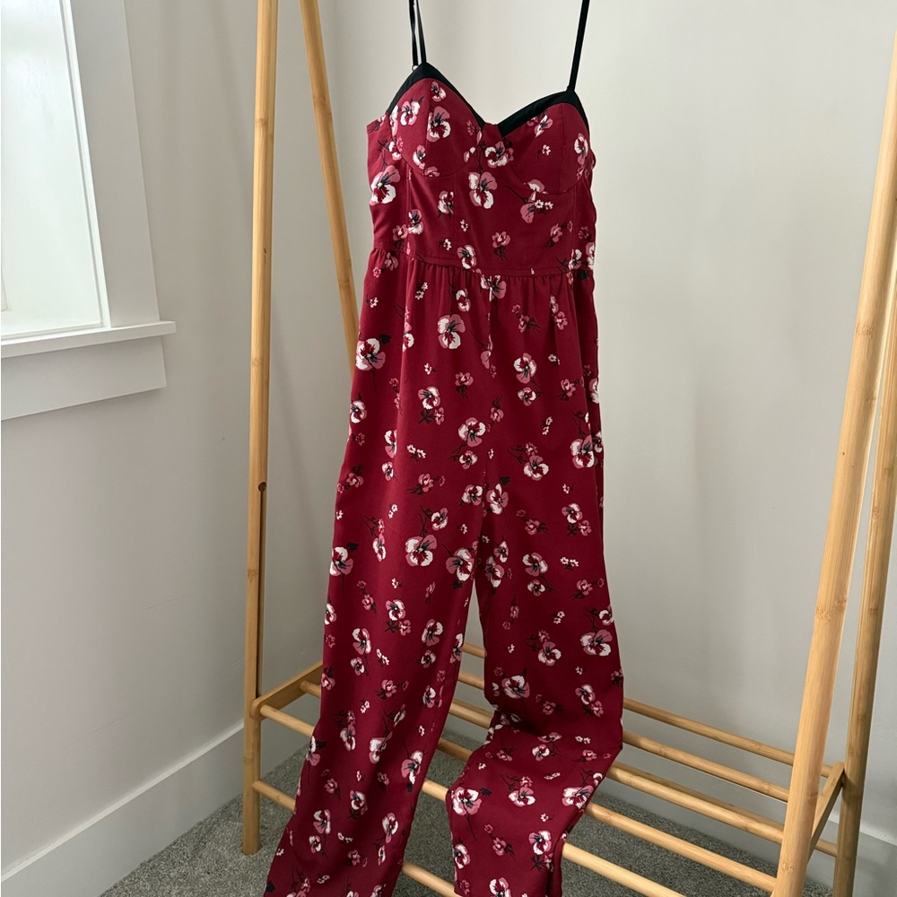 Floral Red Jumpsuit with Black Straps